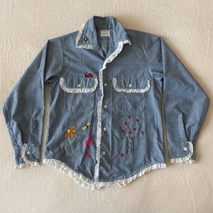 Vintage 70s JCPenney Big Mac Button Down Shirt Chambray Embroidered Eyelet Holly